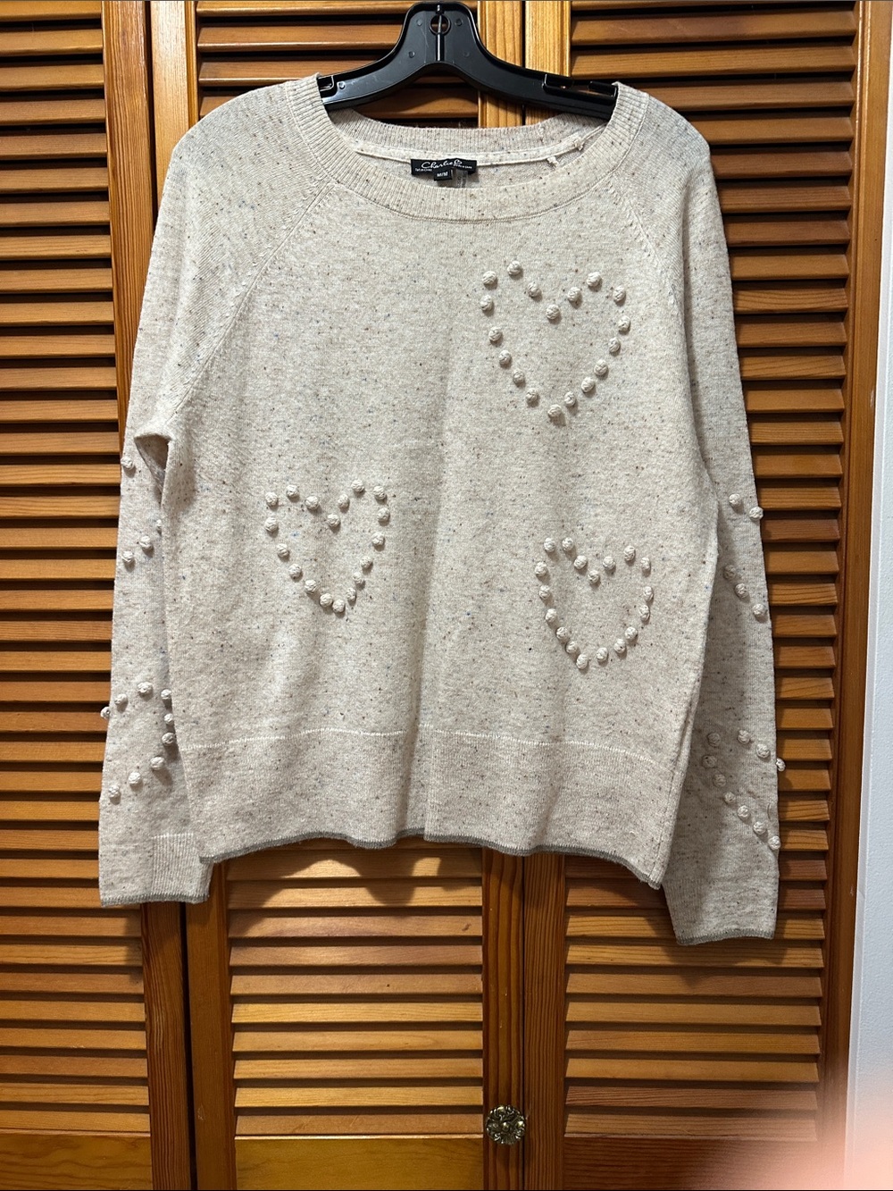 CHARLIE B Cream Pom-Pom Heart Crewneck Sweater
